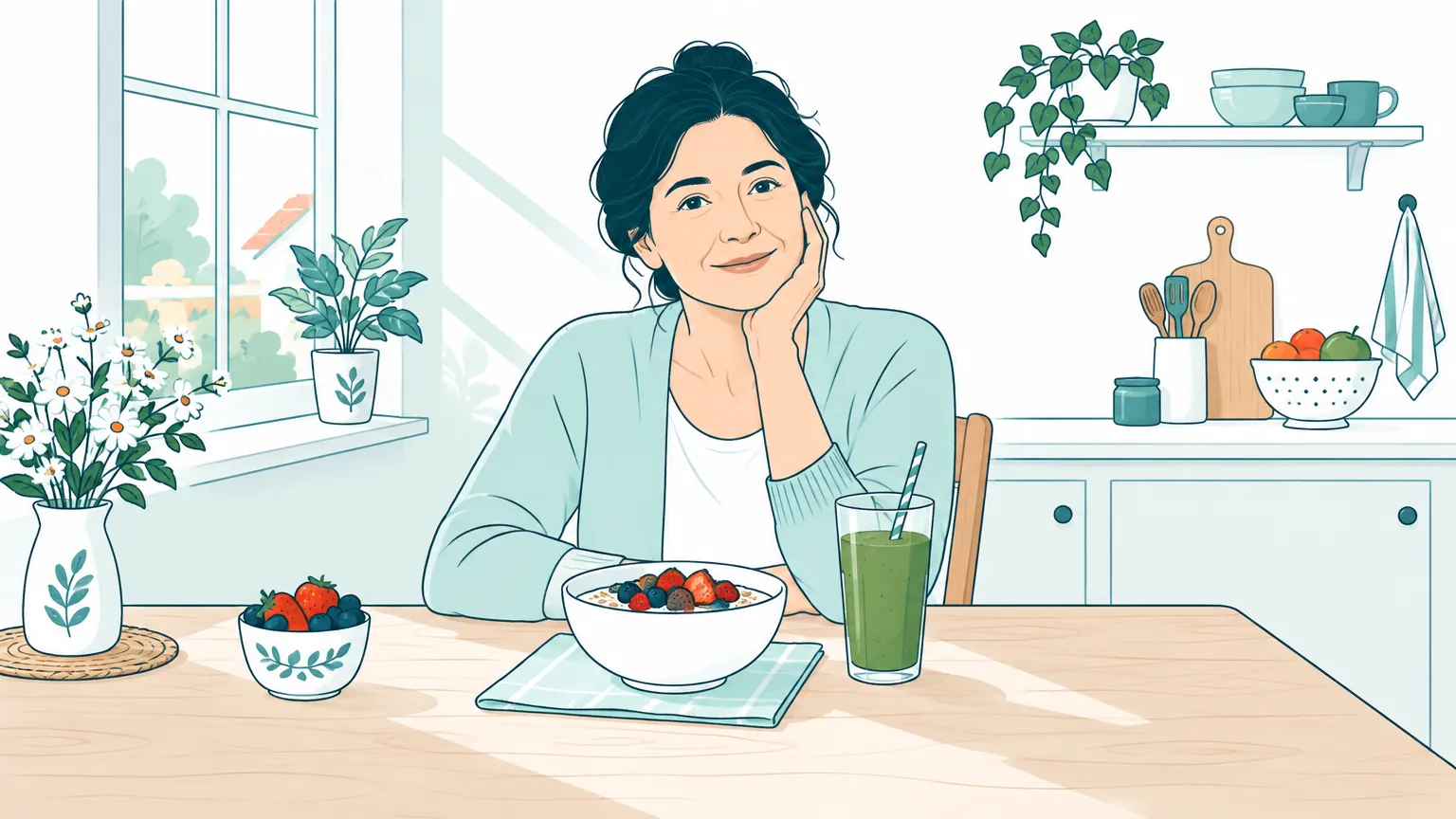 Ilustrație cu o femeie așezată la o masă luminoasă de bucătărie, având în față un bol cu iaurt, fructe proaspete și un smoothie verde.