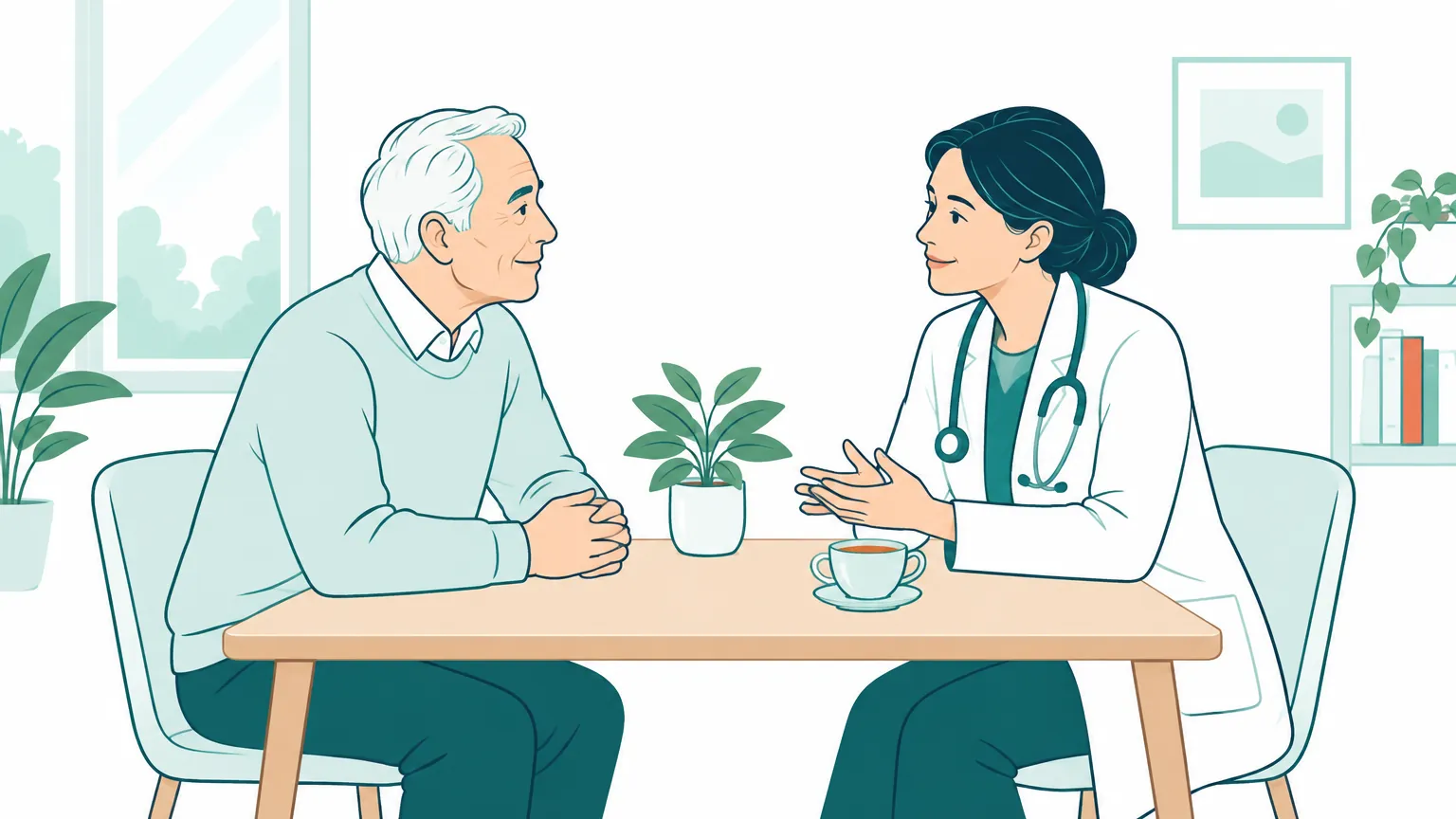 Ilustrație în culori calde cu un bărbat în vârstă care discută liniștit cu o doctoriță într-un cabinet luminos.