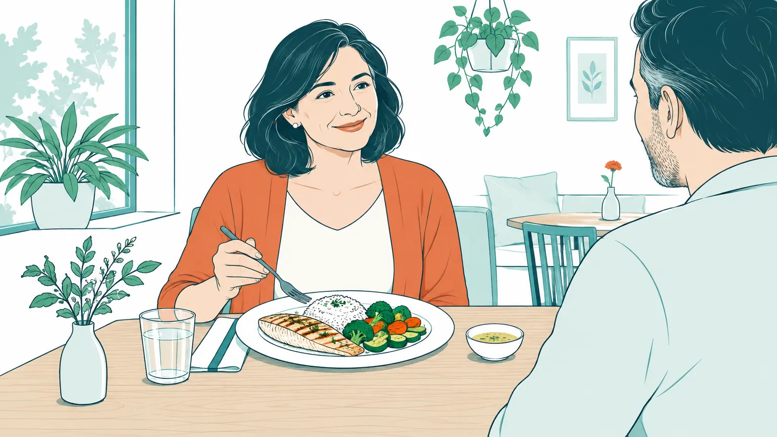 Ilustrație caldă cu o femeie relaxată la masa unui restaurant, având în față o farfurie cu preparate simple și sosul separat.