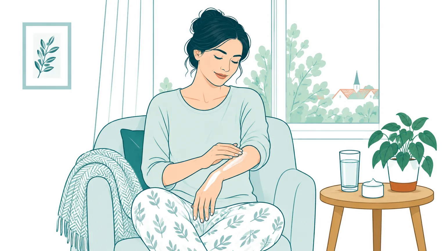 Ilustrație cu o femeie care aplică o cremă hidratantă pe mână lângă o fereastră luminoasă, într-o atmosferă caldă și relaxantă.