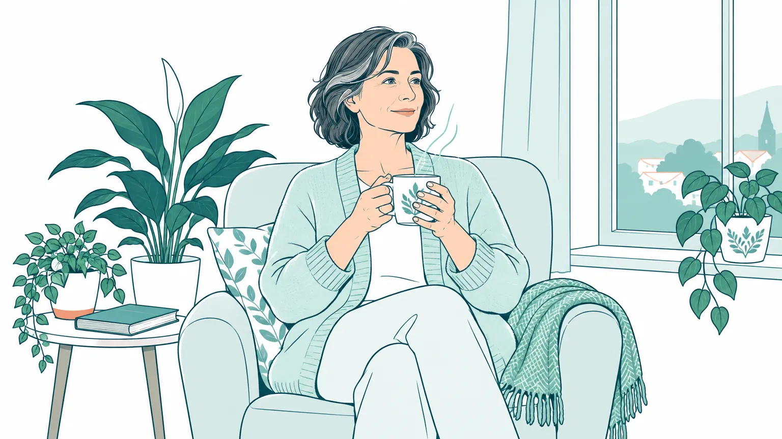 Ilustrație caldă cu o femeie matură care se odihnește într-un fotoliu confortabil lângă fereastră, ținând o cană de ceai.