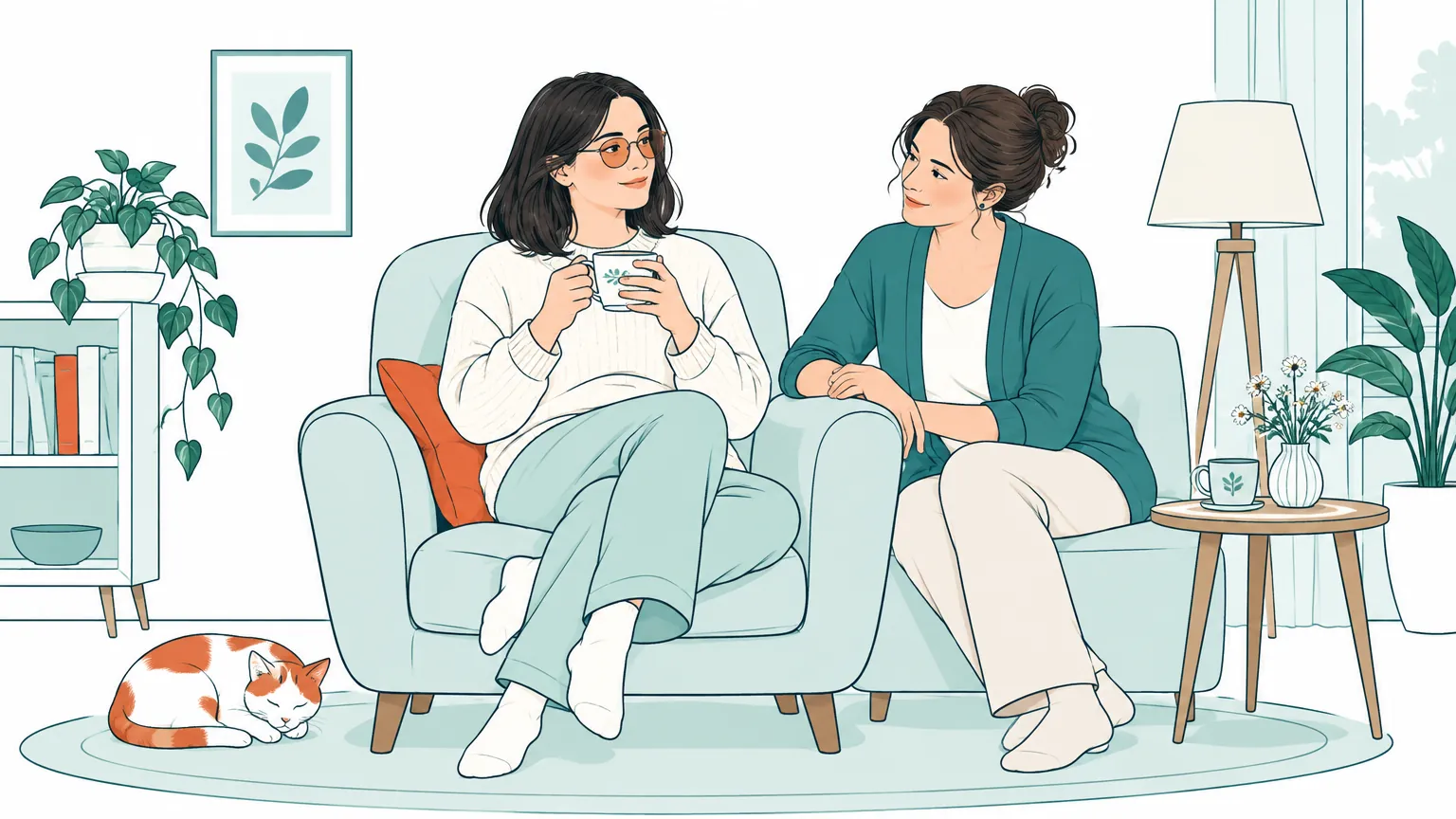 Ilustrație în tonuri calde cu o femeie care se odihnește într-un fotoliu confortabil, alături de o prietenă care o susține în liniște.