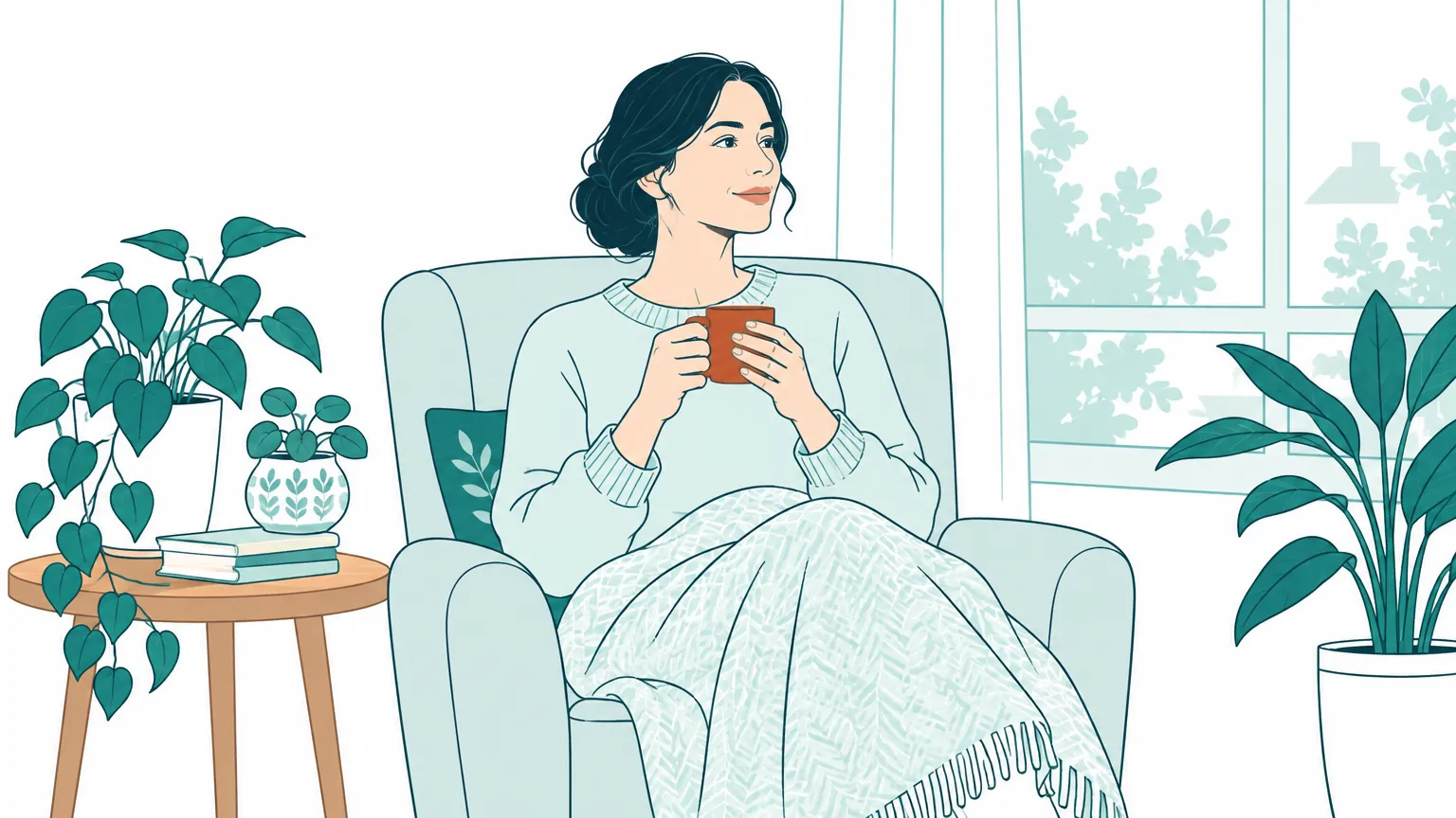 Ilustrație în tonuri calde cu o femeie care se odihnește într-un fotoliu confortabil lângă o fereastră însorită, ținând o cană în mâini.