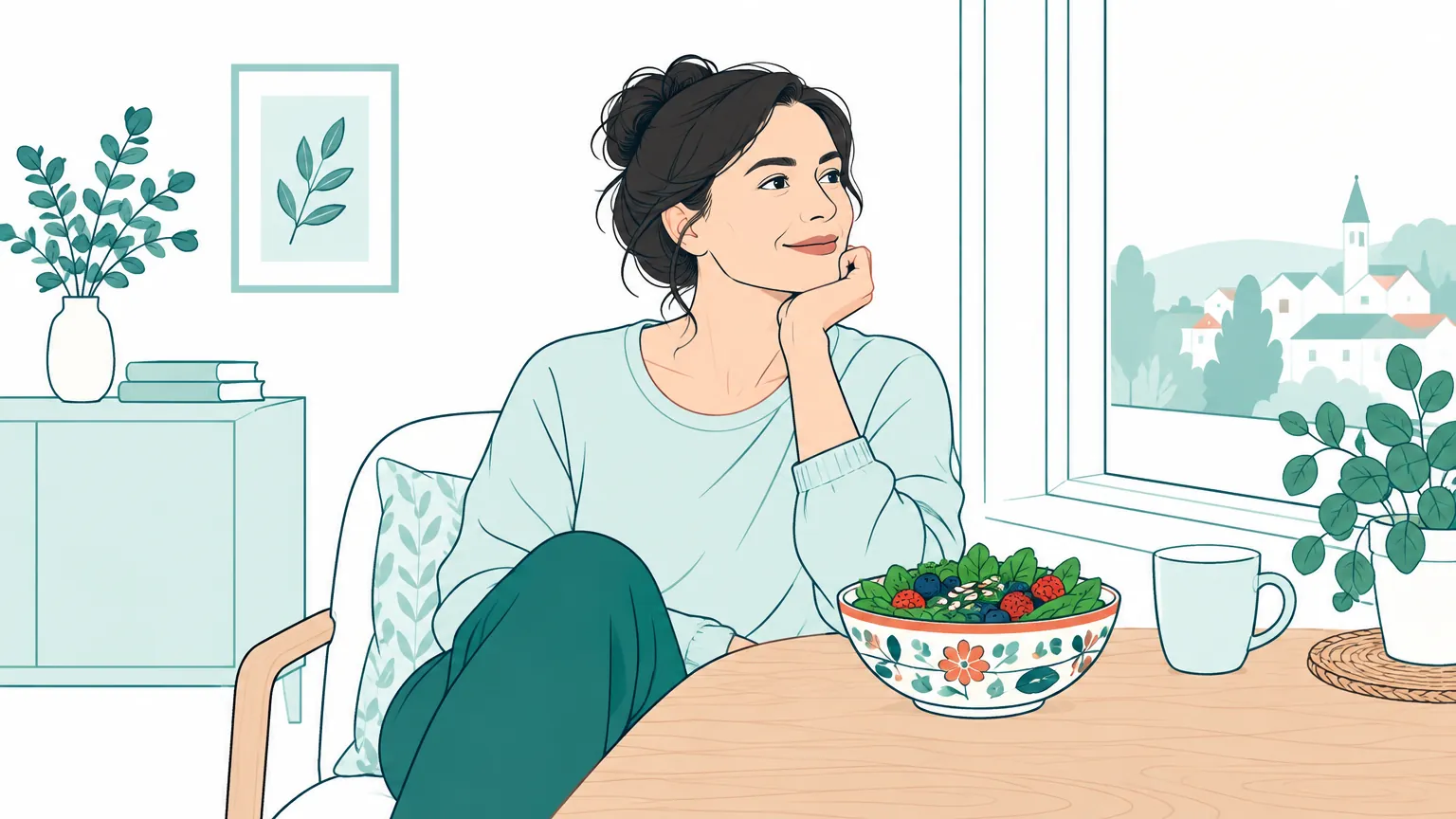 Ilustrație în tonuri calde cu o femeie care se relaxează lângă o fereastră însorită, având pe masă un bol cu alimente proaspete și colorate.