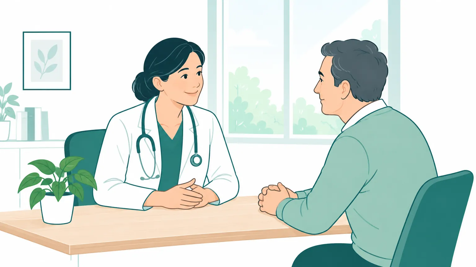 Ilustrație în tonuri calde cu o pacientă și un medic discutând liniștiți într-un cabinet luminos.