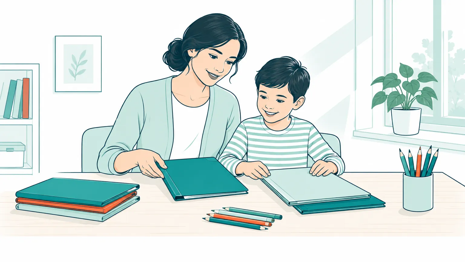 O ilustrație caldă în care o mamă și fiul ei organizează liniștiți rechizitele pe biroul de acasă.