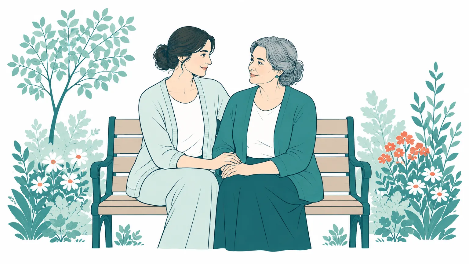 Ilustrație caldă în culori pastelate cu două femei de vârste diferite care se țin de mână pe o bancă, oferindu-și sprijin reciproc.