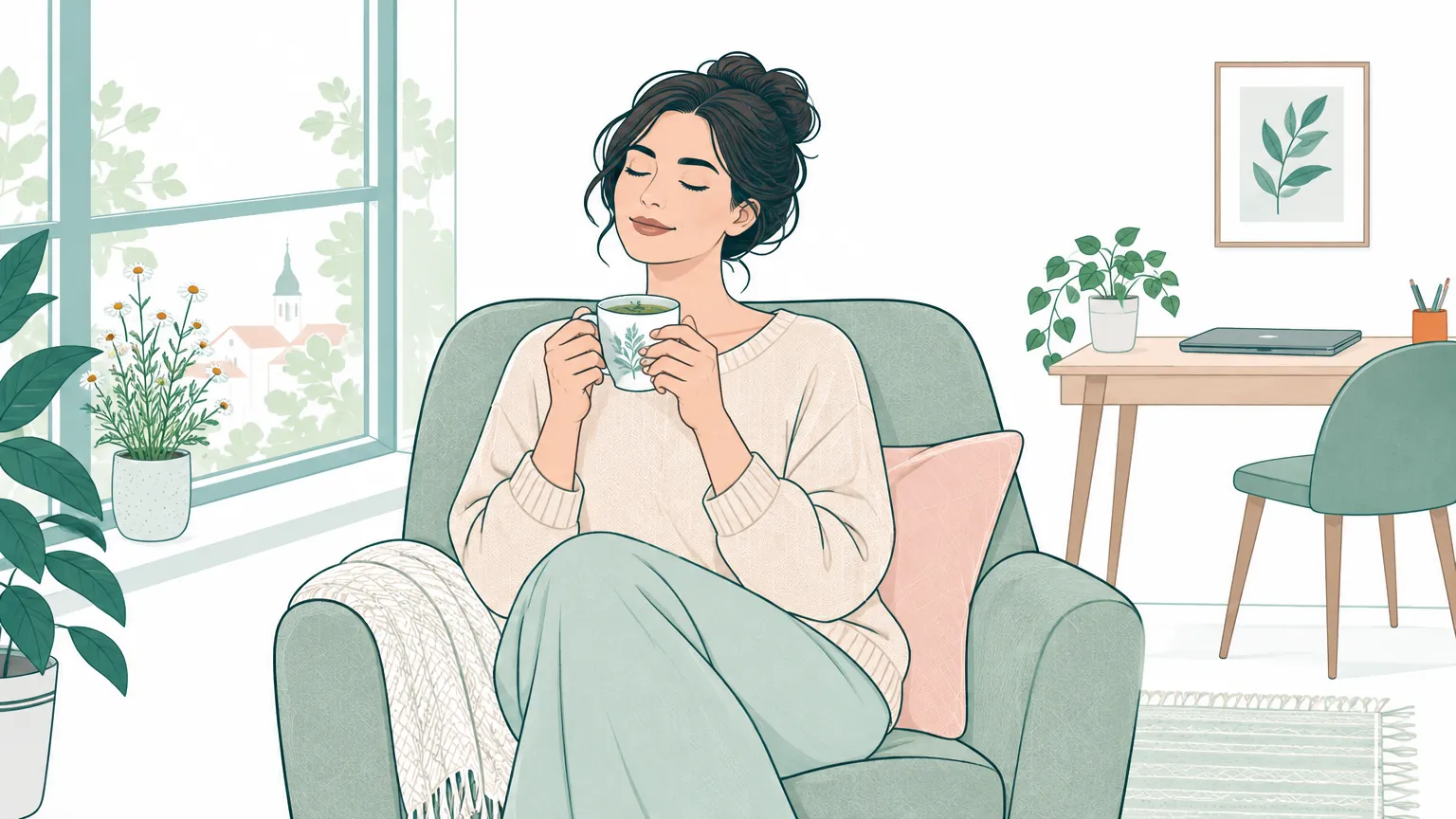Ilustrație caldă cu o femeie care se odihnește cu ochii închiși într-un fotoliu confortabil, luând o pauză relaxantă de la calculator.