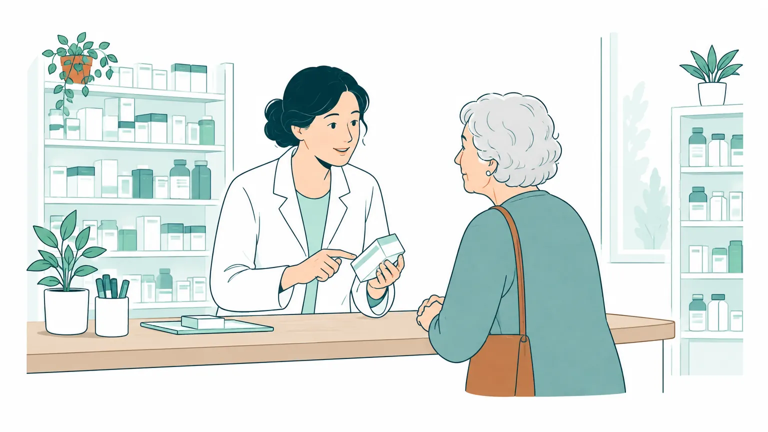 Ilustrație cu o farmacistă zâmbitoare care îi explică modul de administrare al tratamentului unui pacient în vârstă.