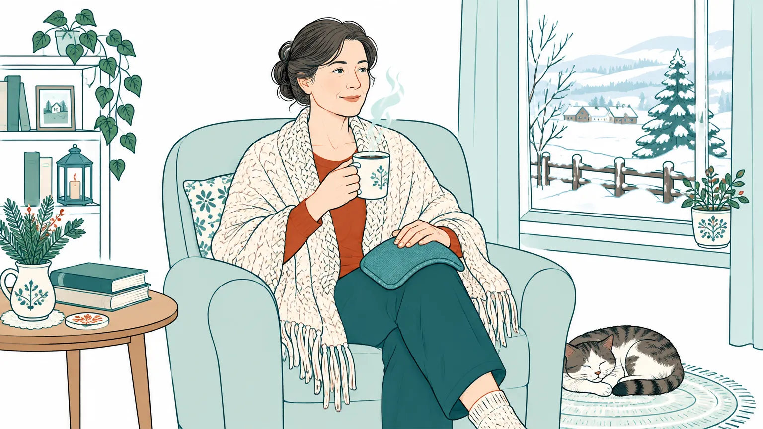 Ilustrație în tonuri calde cu o femeie relaxată într-un fotoliu, încălzindu-și articulațiile la adăpost de frigul iernii.