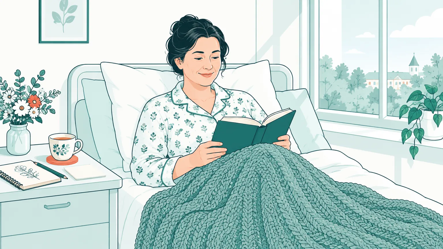 O ilustrație caldă în culori pastelate cu o femeie în haine comode care citește liniștită pe un pat de spital decorat cu o pătură de acasă.