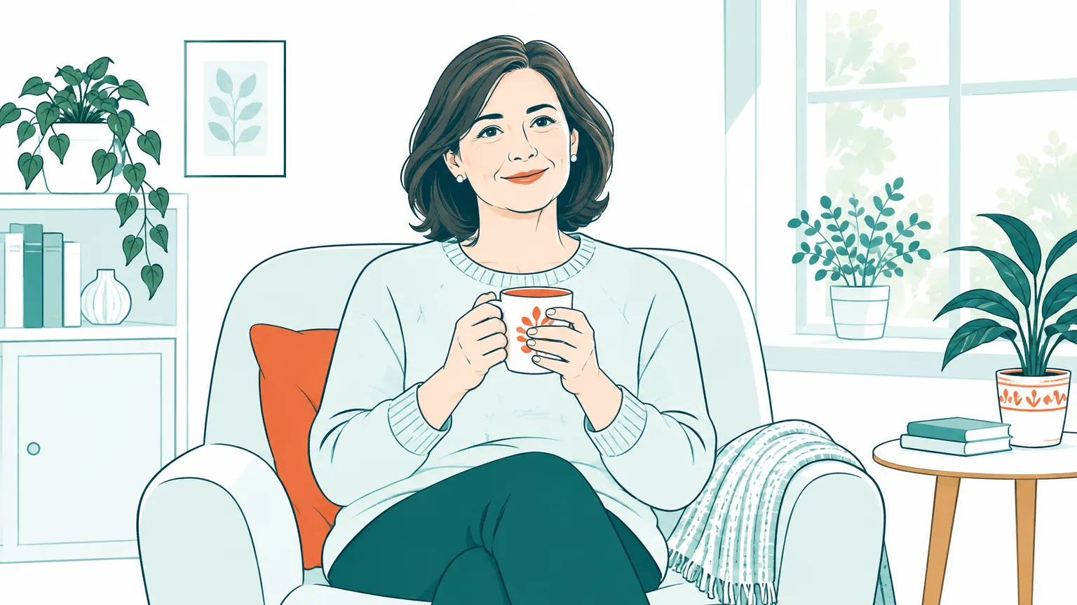 Ilustrație în culori calde cu o femeie de vârstă mijlocie care ține o cană cu ceai într-o cameră luminoasă.