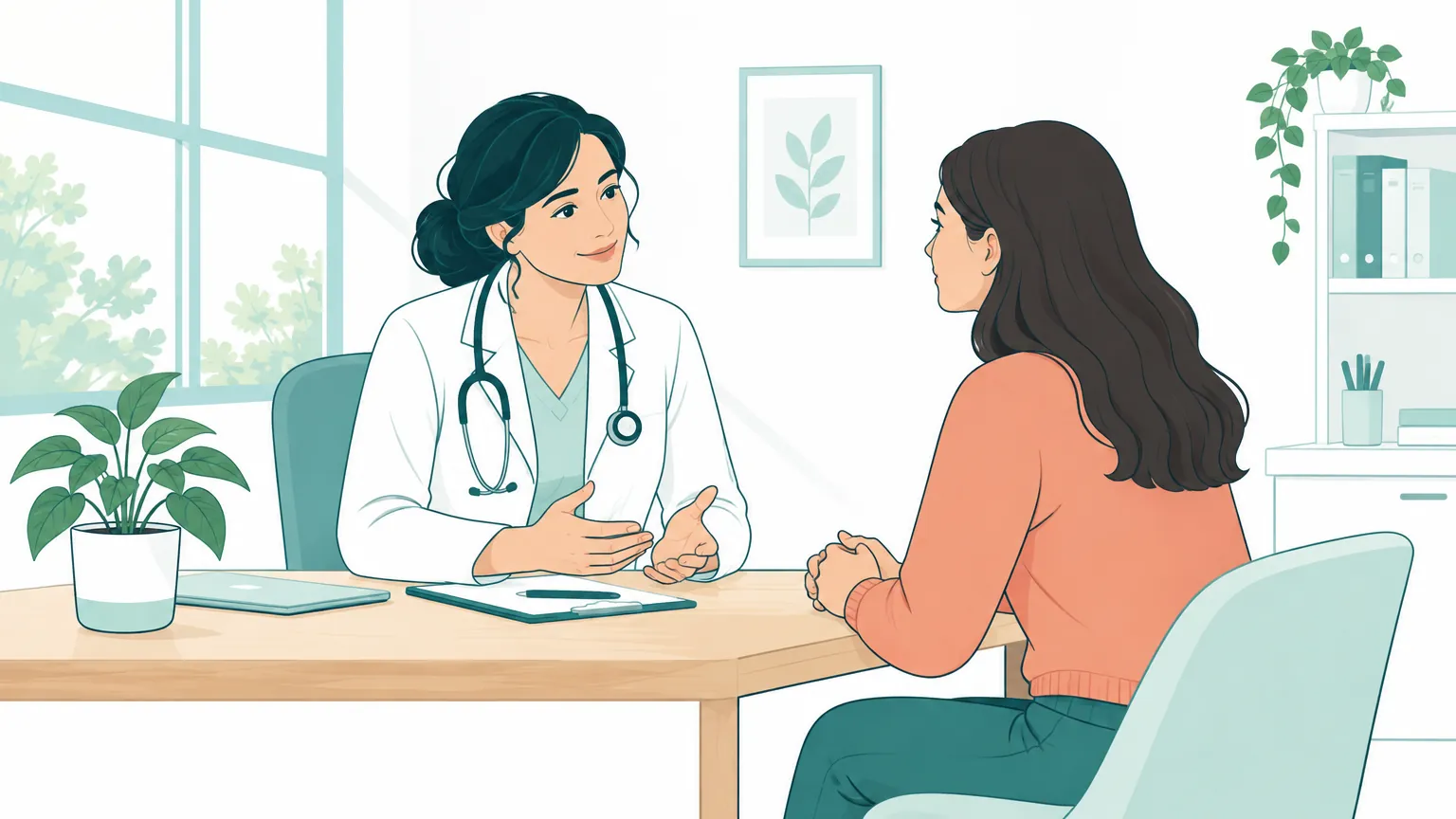 O femeie tânără discută liniștită cu o doctoriță într-un cabinet medical primitor și luminos, ilustrație în tonuri calde.
