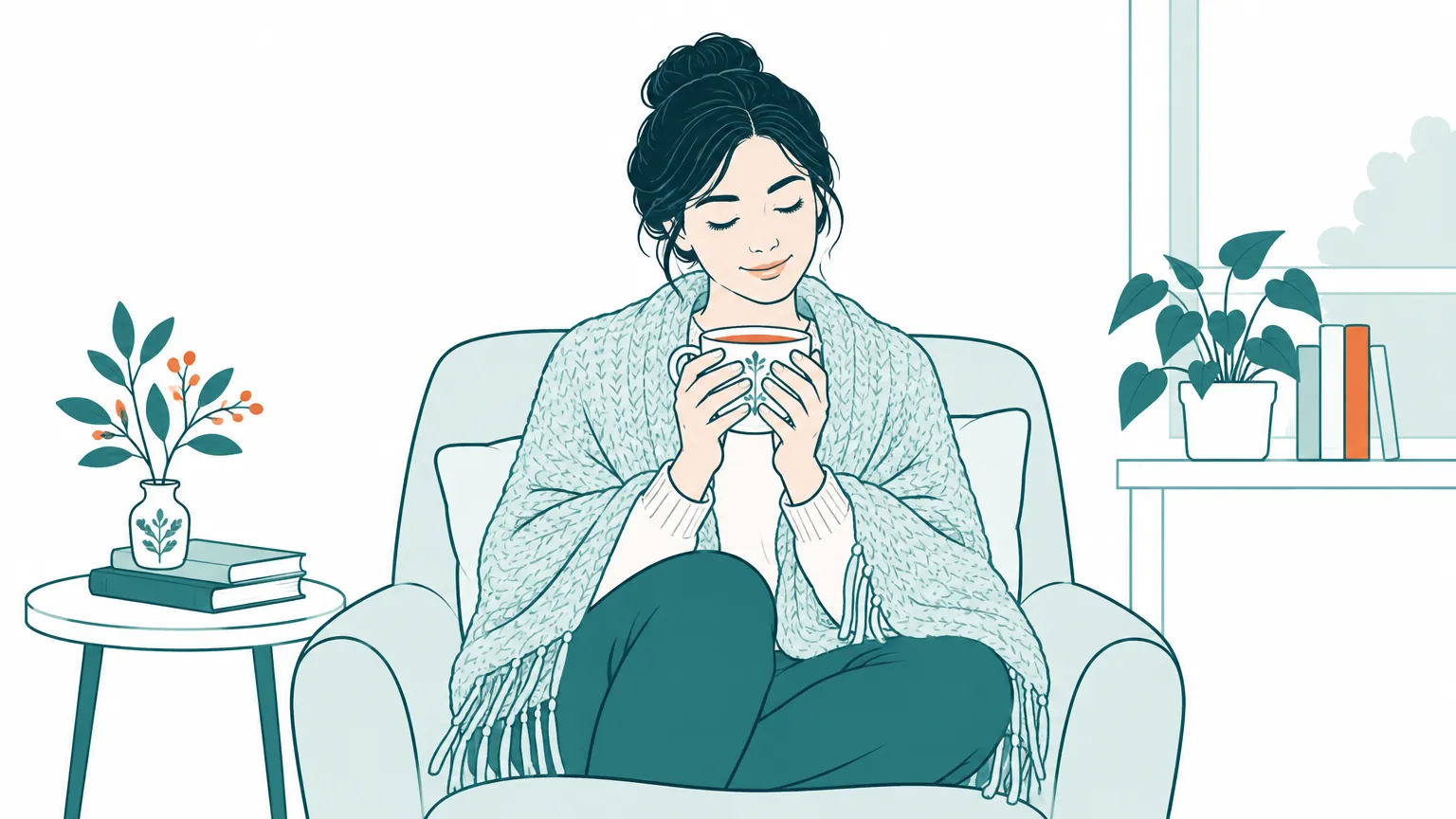 Ilustrație în culori calde cu o tânără care își încălzește mâinile pe o cană de ceai, înfășurată într-o pătură confortabilă.