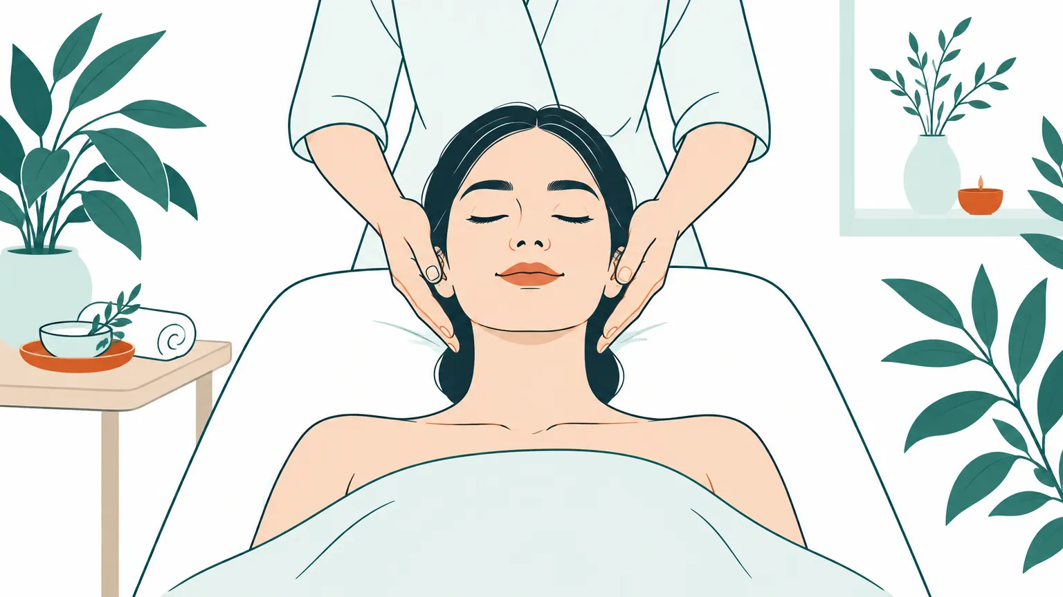 Ilustrație reprezentând o femeie care se relaxează cu ochii închiși în timpul unei ședințe liniștitoare de acupunctură într-un cabinet luminos.