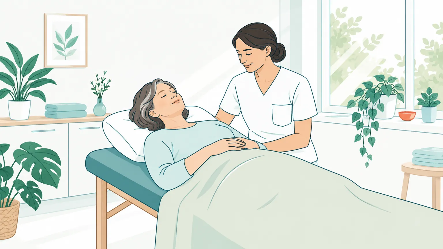 Ilustrație cu o femeie care se relaxează pe o masă de tratament într-un cabinet luminos, alături de un specialist.