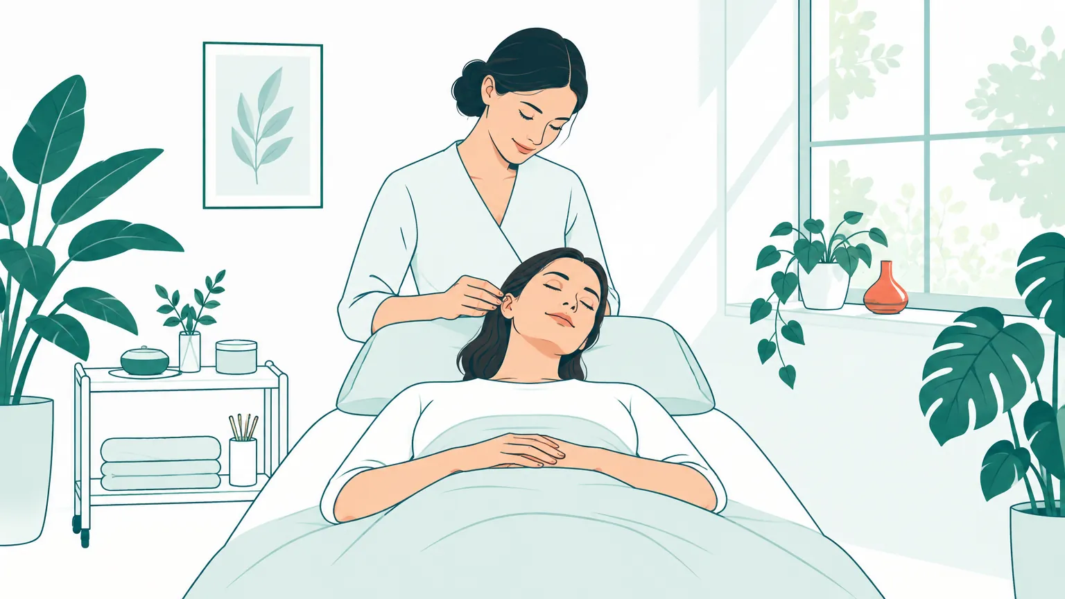 Ilustrație în culori calde cu o femeie relaxată într-un cabinet luminos în timpul unei ședințe liniștitoare de acupunctură.
