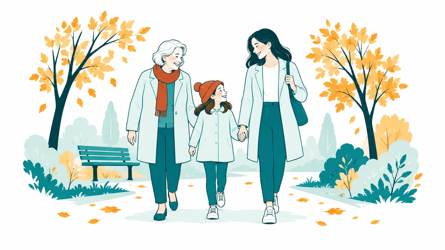 Ilustrație cu o familie formată dintr-o bunică, o mamă și o fetiță plimbându-se zâmbitoare într-un parc de toamnă.