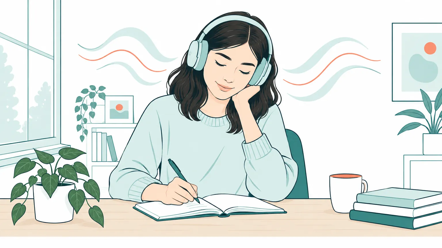 Ilustrație caldă cu o tânără care poartă căști audio și scrie liniștită la birou într-o atmosferă relaxantă.