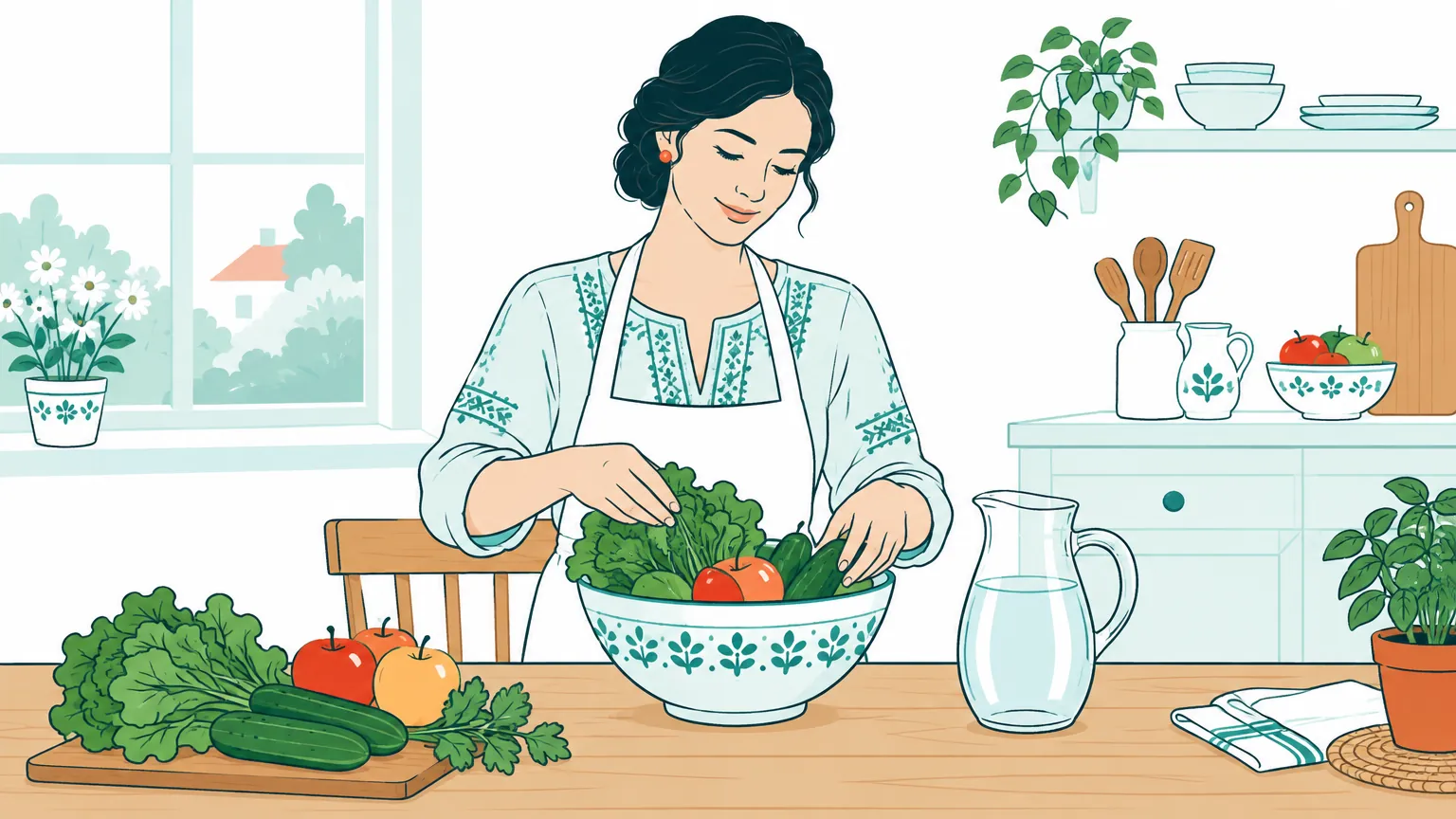 O femeie așază legume și fructe proaspete într-un bol ceramic pe masa din bucătărie, lângă o carafă cu apă.