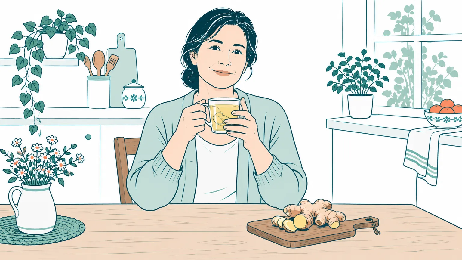 Ilustrație cu o femeie la masa din bucătărie ținând o cană cu apă caldă de ghimbir lângă câteva felii de rădăcină proaspătă.