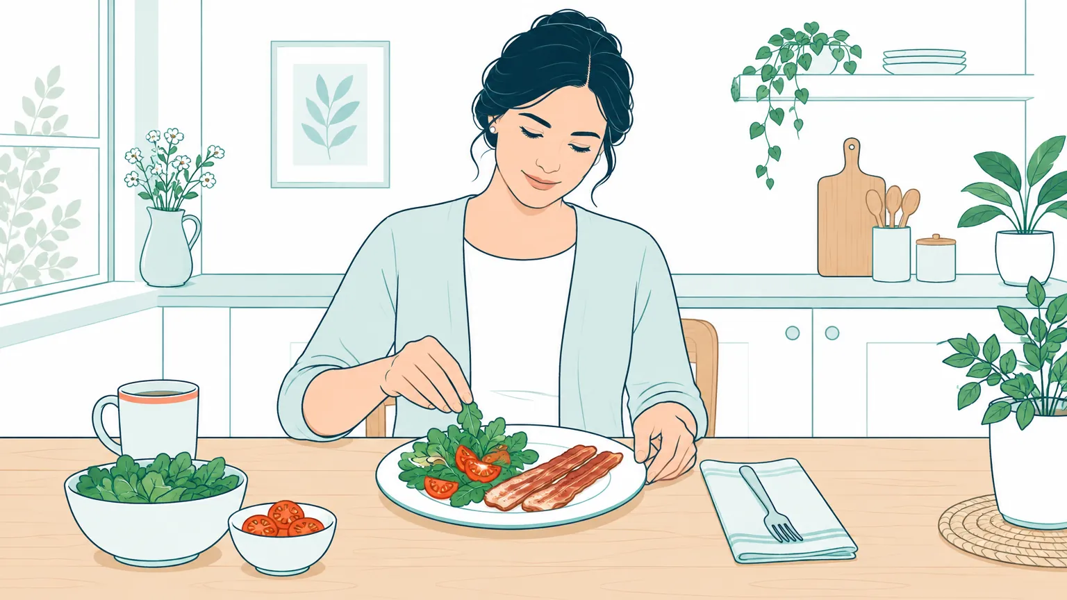 O ilustrație caldă în care o femeie pregătește un mic dejun cu fâșii rumenite de bacon de curcan și legume proaspete.