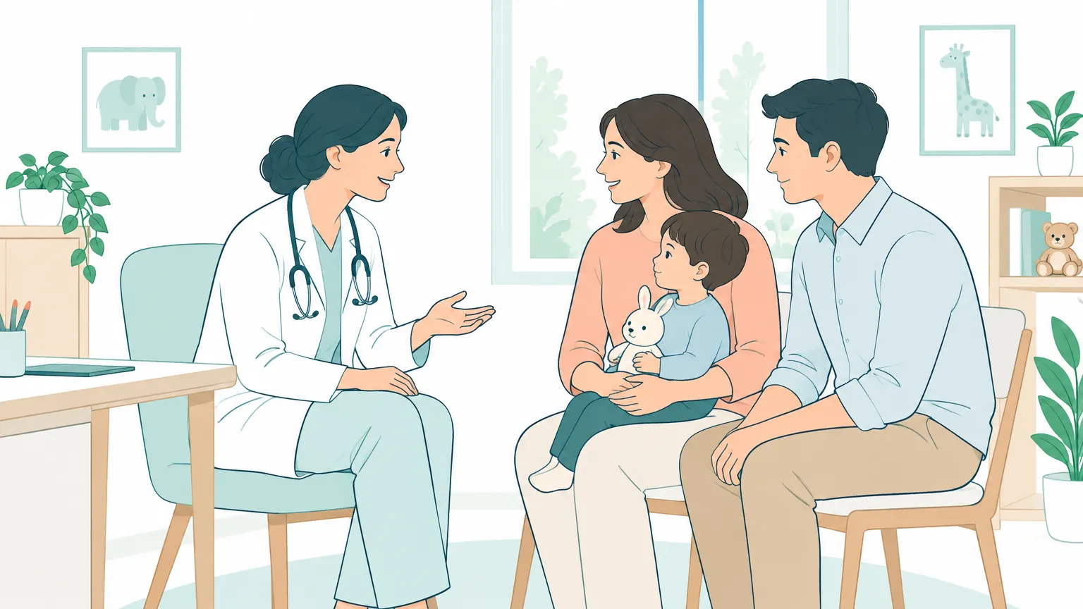 Ilustrație caldă în tonuri pastelate cu un medic care oferă sprijin unei familii într-un cabinet primitor.