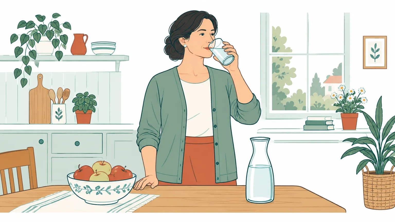 Ilustrație în tonuri calde cu o femeie de vârstă mijlocie care bea liniștită un pahar cu apă într-o bucătărie luminoasă.