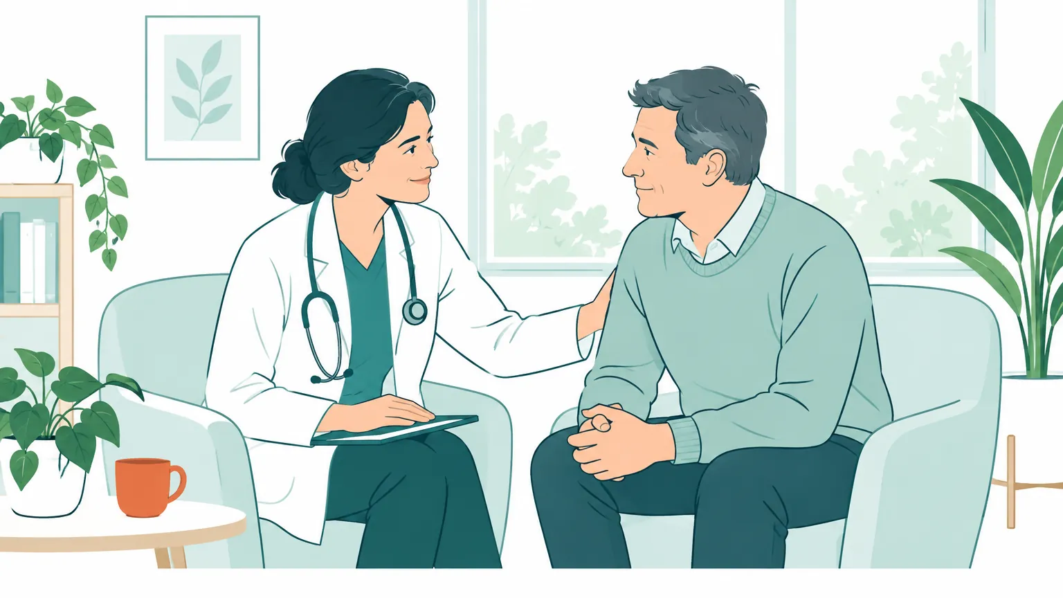 O ilustrație în culori calde cu un medic și o pacientă discutând liniștiți într-un cabinet luminos.
