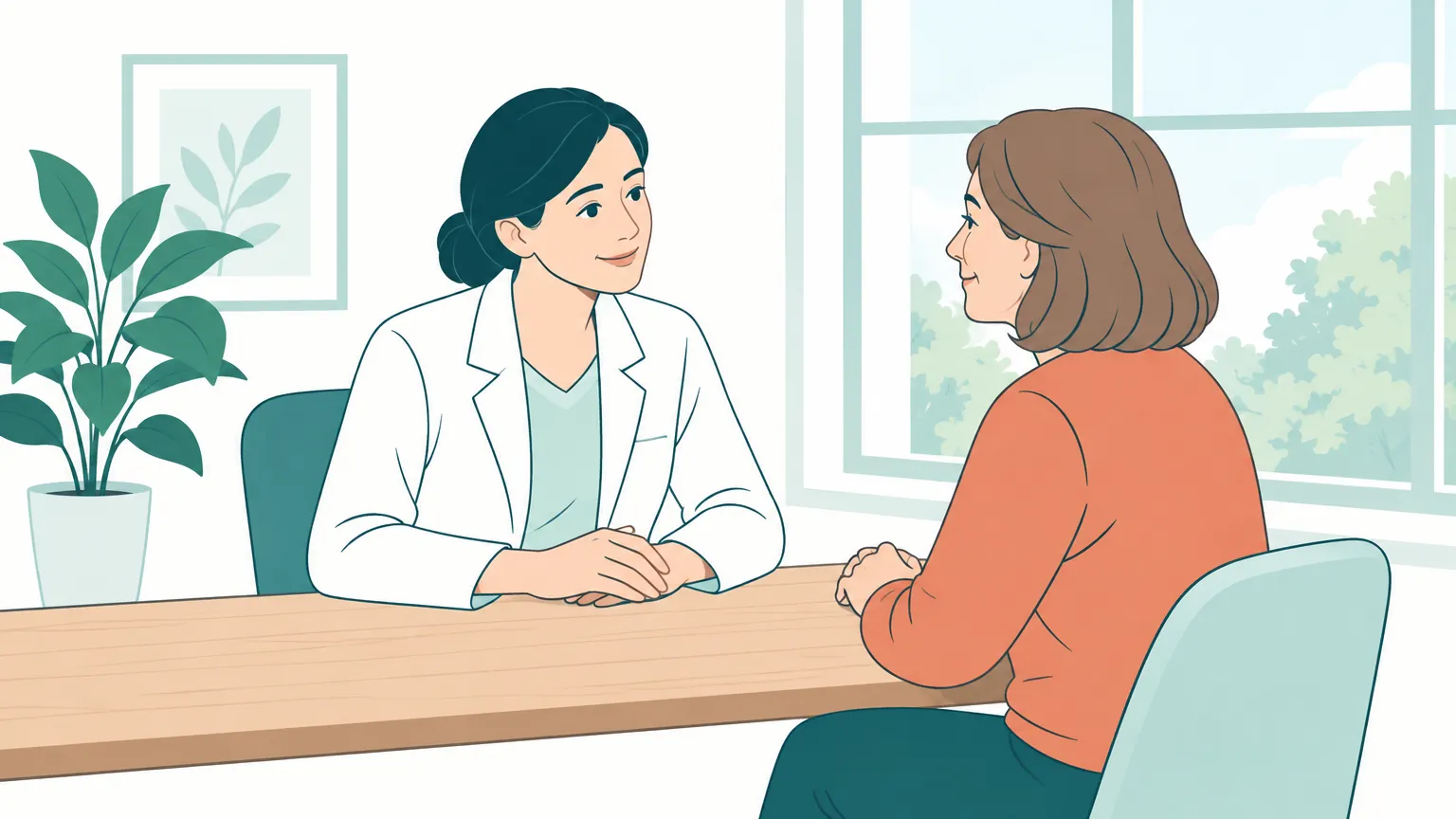 O ilustrație luminoasă în care o pacientă discută liniștită și cu încredere cu medicul ei într-un cabinet primitor.