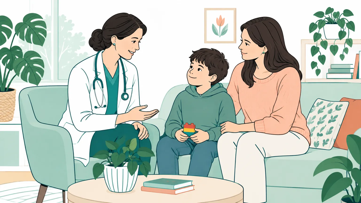 Ilustrație în tonuri calde cu o doctoriță zâmbitoare discutând blând cu o mamă și băiețelul ei într-un cabinet primitor.