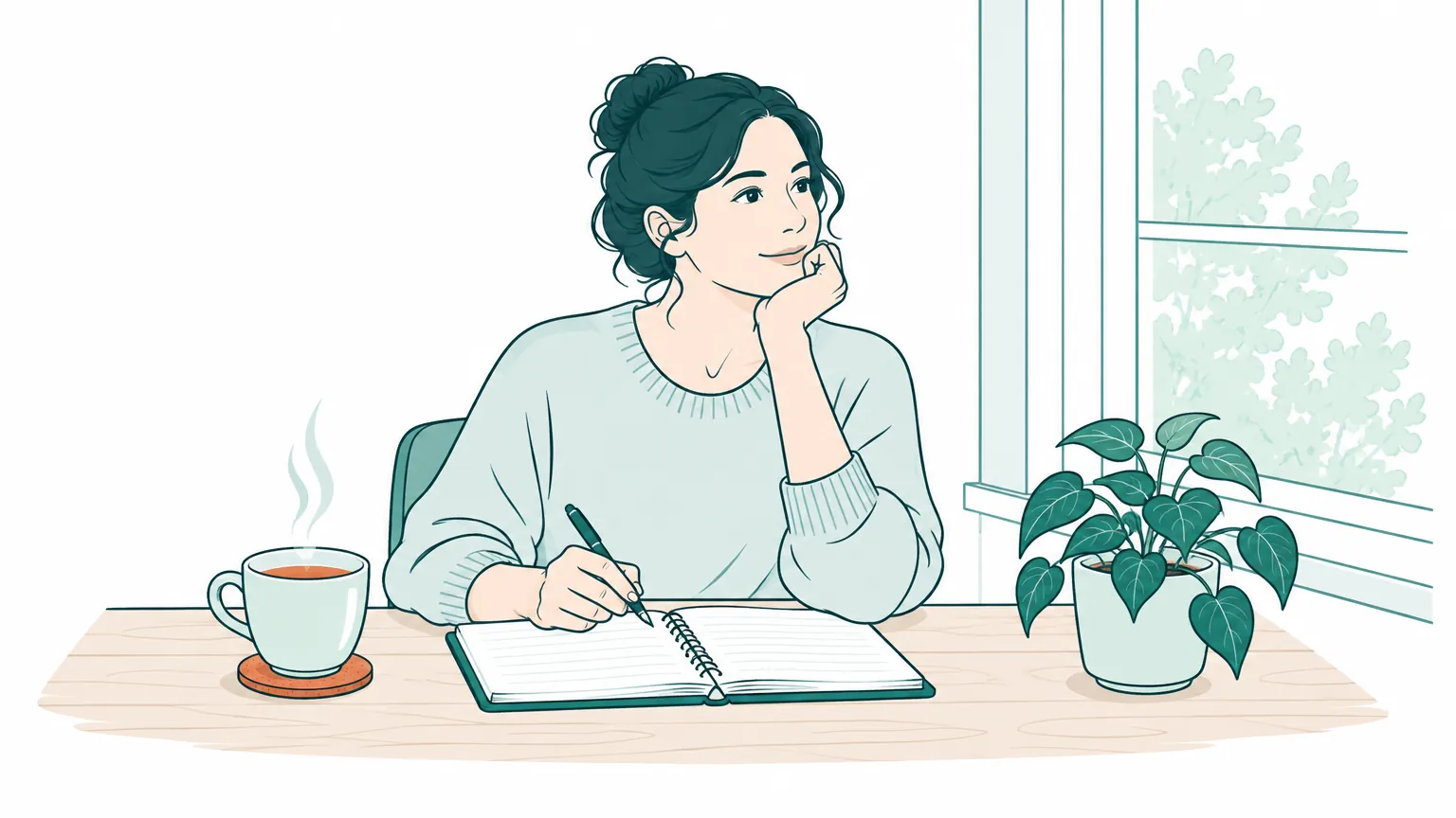 Ilustrație cu o femeie așezată la birou lângă o fereastră însorită, notându-și gândurile într-un caiet.