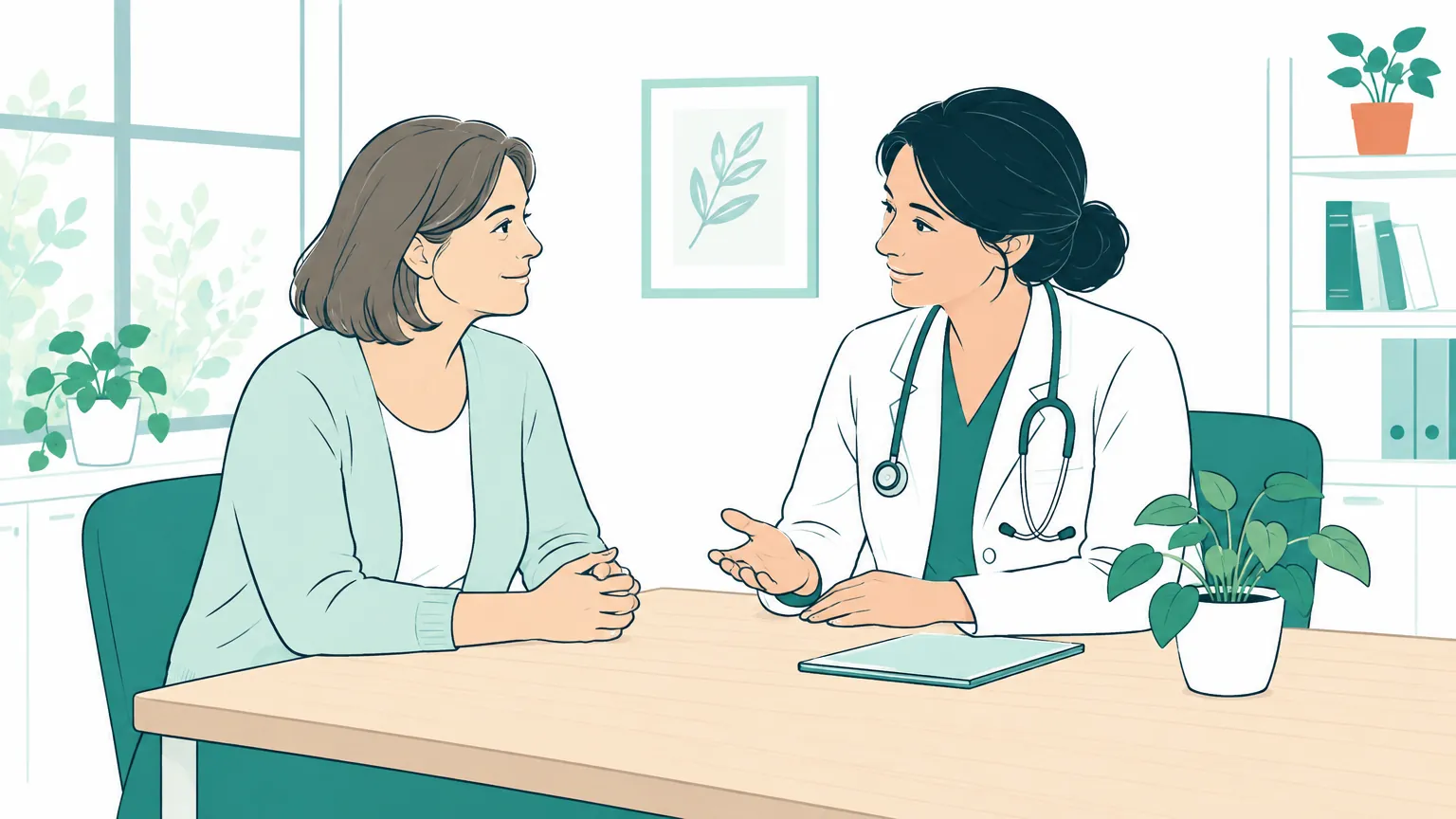 Ilustrație caldă în care o femeie de vârstă mijlocie discută liniștită cu medicul într-un cabinet luminos.