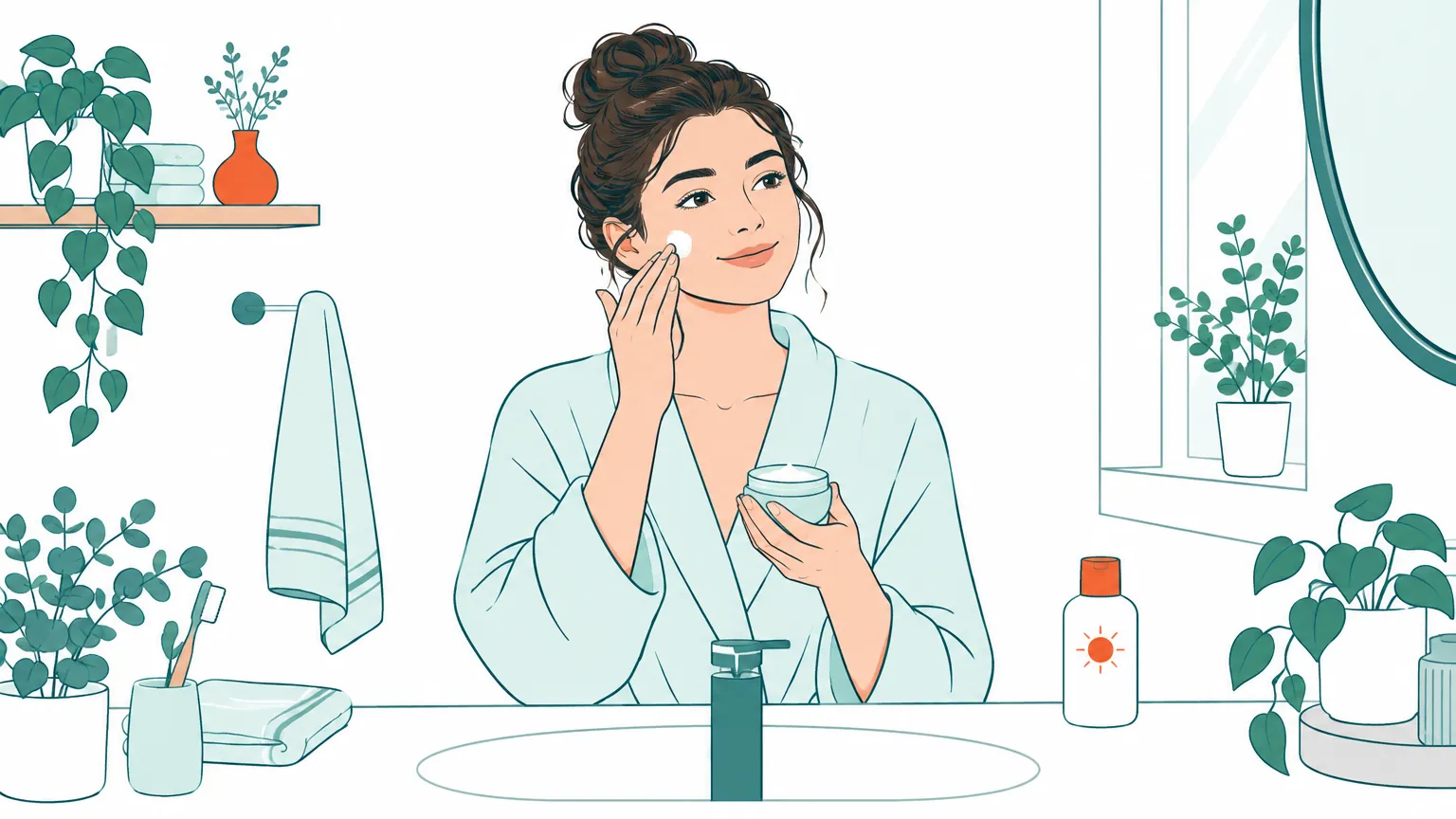 Ilustrație cu o tânără care își aplică o cremă hidratantă pe față într-o baie luminoasă, lângă o loțiune de protecție solară.