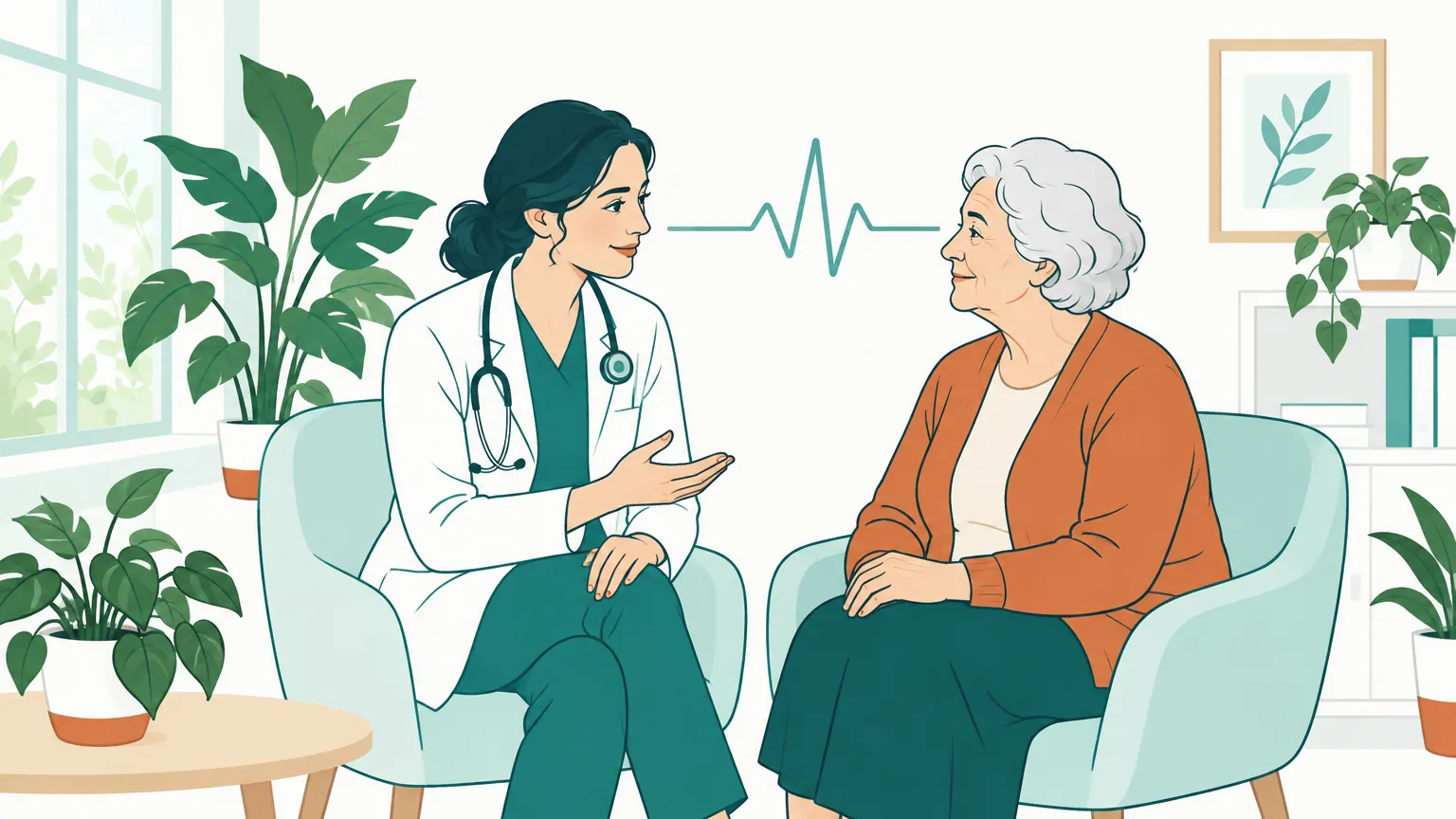 O ilustrație caldă în care un medic stă de vorbă liniștit cu un pacient vârstnic într-un cabinet luminos.