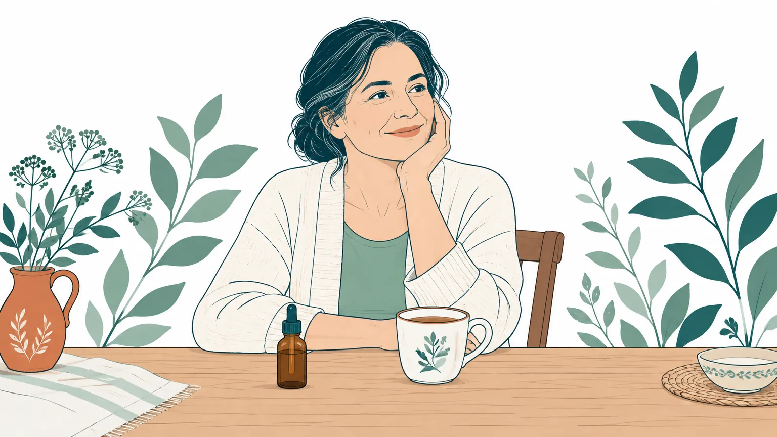 Ilustrație în tonuri calde și liniștitoare cu o femeie la o masă de lemn, alături de o sticluță cu picurător și o cană de ceai.