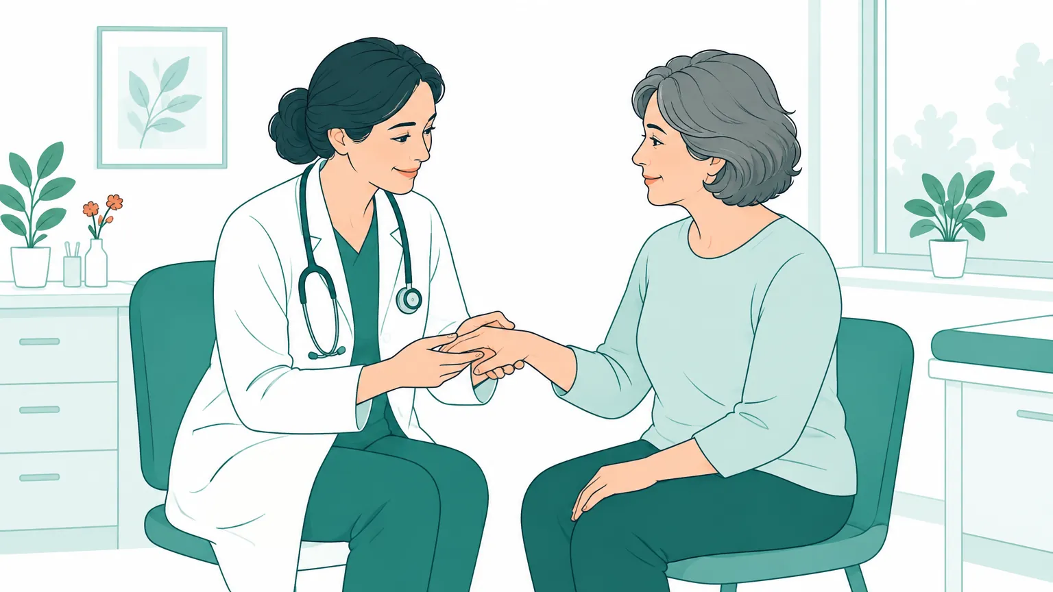 Ilustrație cu un medic care examinează cu grijă articulațiile mâinii unui pacient într-un cabinet luminos.