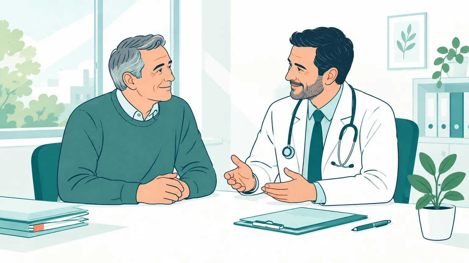 Ilustrație în tonuri calde cu un bărbat matur care discută liniștit cu medicul într-un cabinet luminos.