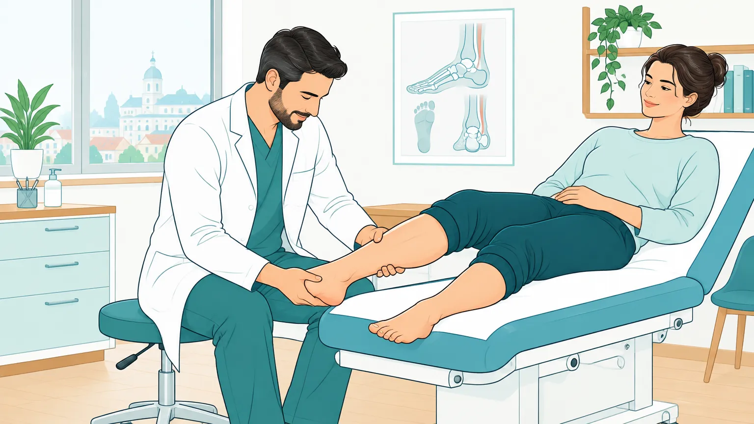 Ilustrație cu un medic ortoped examinând cu grijă călcâiul și gamba unui pacient așezat confortabil pe masa de consultație.