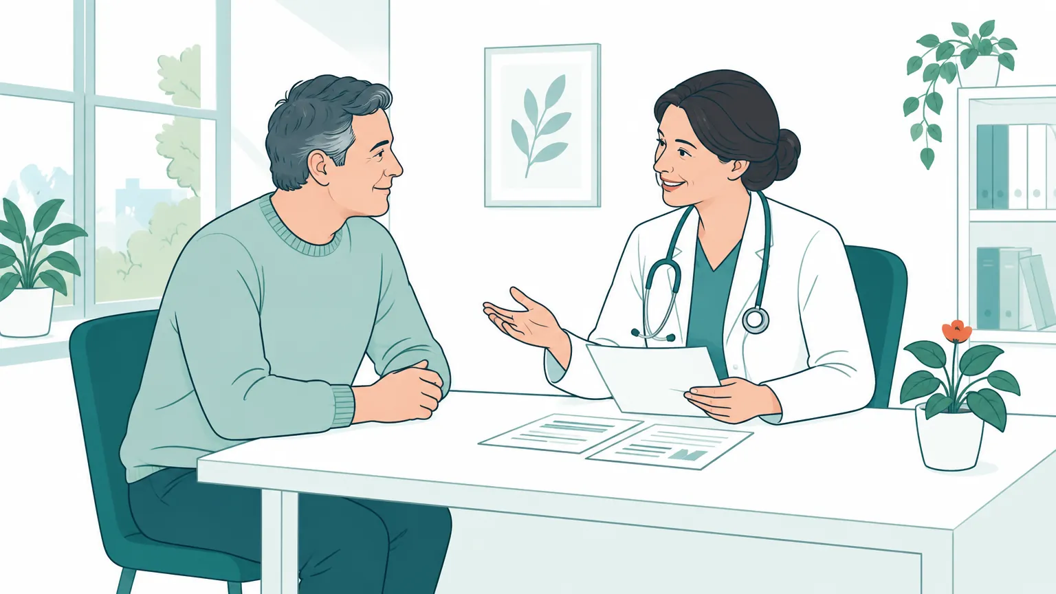 Ilustrație în tonuri calde cu un medic de familie discutând liniștit rezultatele analizelor cu o pacientă într-un cabinet luminos.
