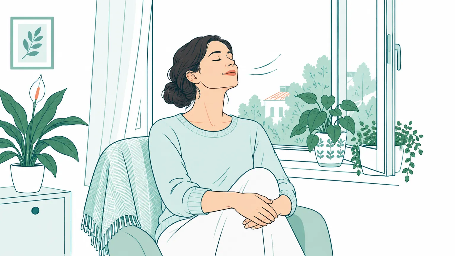O femeie respiră liniștită lângă o fereastră deschisă și luminoasă, într-o cameră aerisită cu plante de interior.