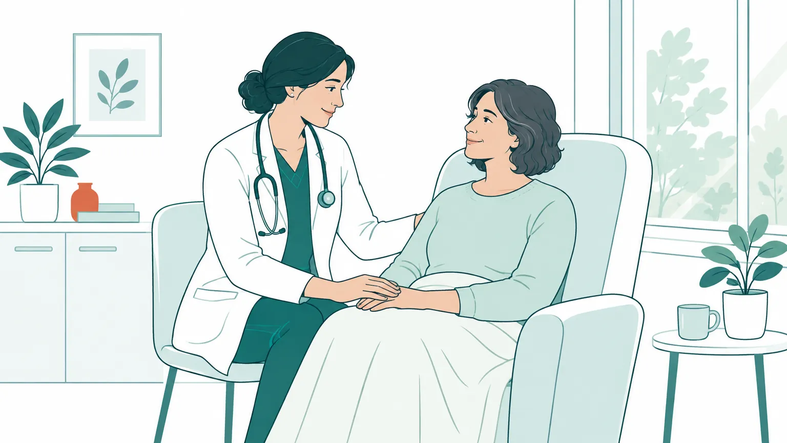 Ilustrație cu un medic care discută liniștitor cu un pacient așezat confortabil într-un salon luminos și curat.