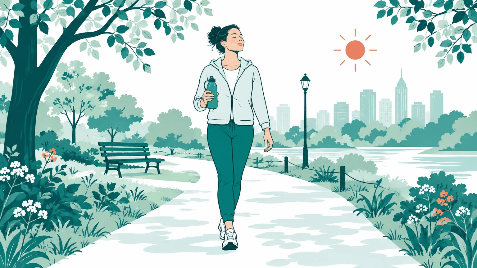 O ilustrație în culori calde cu o persoană care se plimbă liniștită pe o alee dintr-un parc însorit.