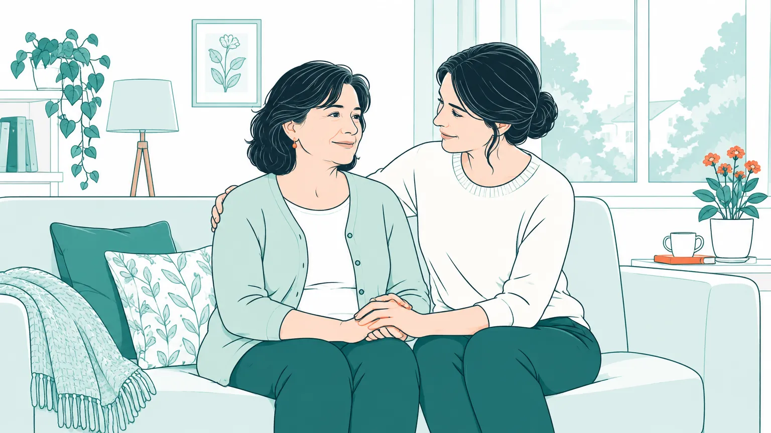 O ilustrație caldă în care o femeie stă într-o cameră luminoasă și zâmbește liniștită alături de o persoană dragă care o ține de mână.