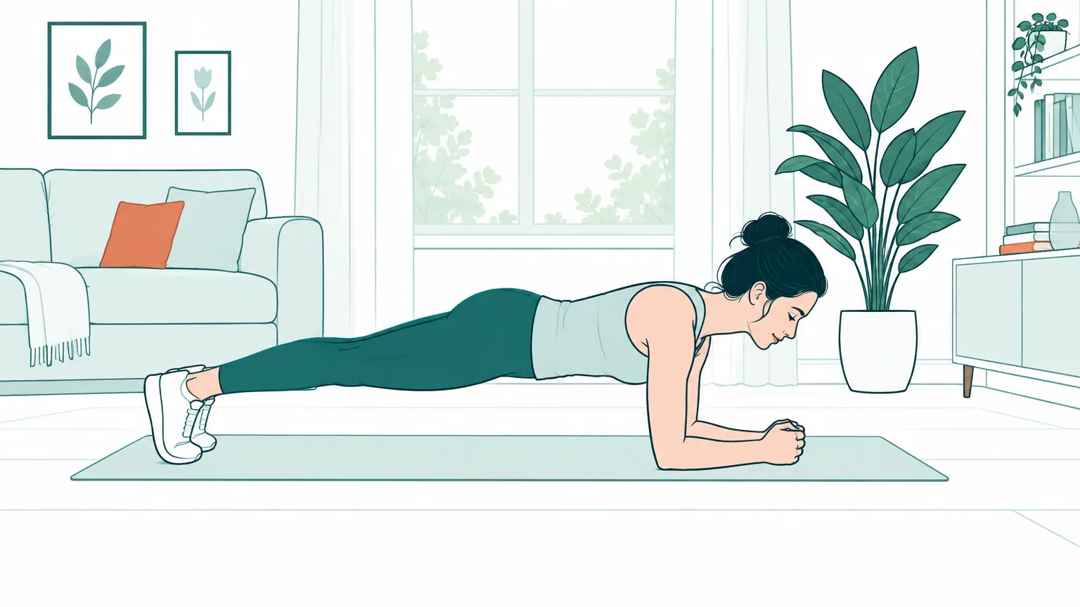 Ilustrație cu o femeie care execută un exercițiu de planșă pe o saltea de fitness într-o cameră luminoasă.