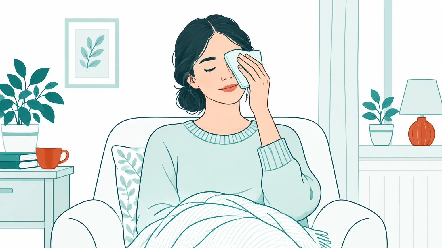 Ilustrație în tonuri calde ce prezintă o femeie care ține o compresă rece pe ochi pentru a calma iritația.