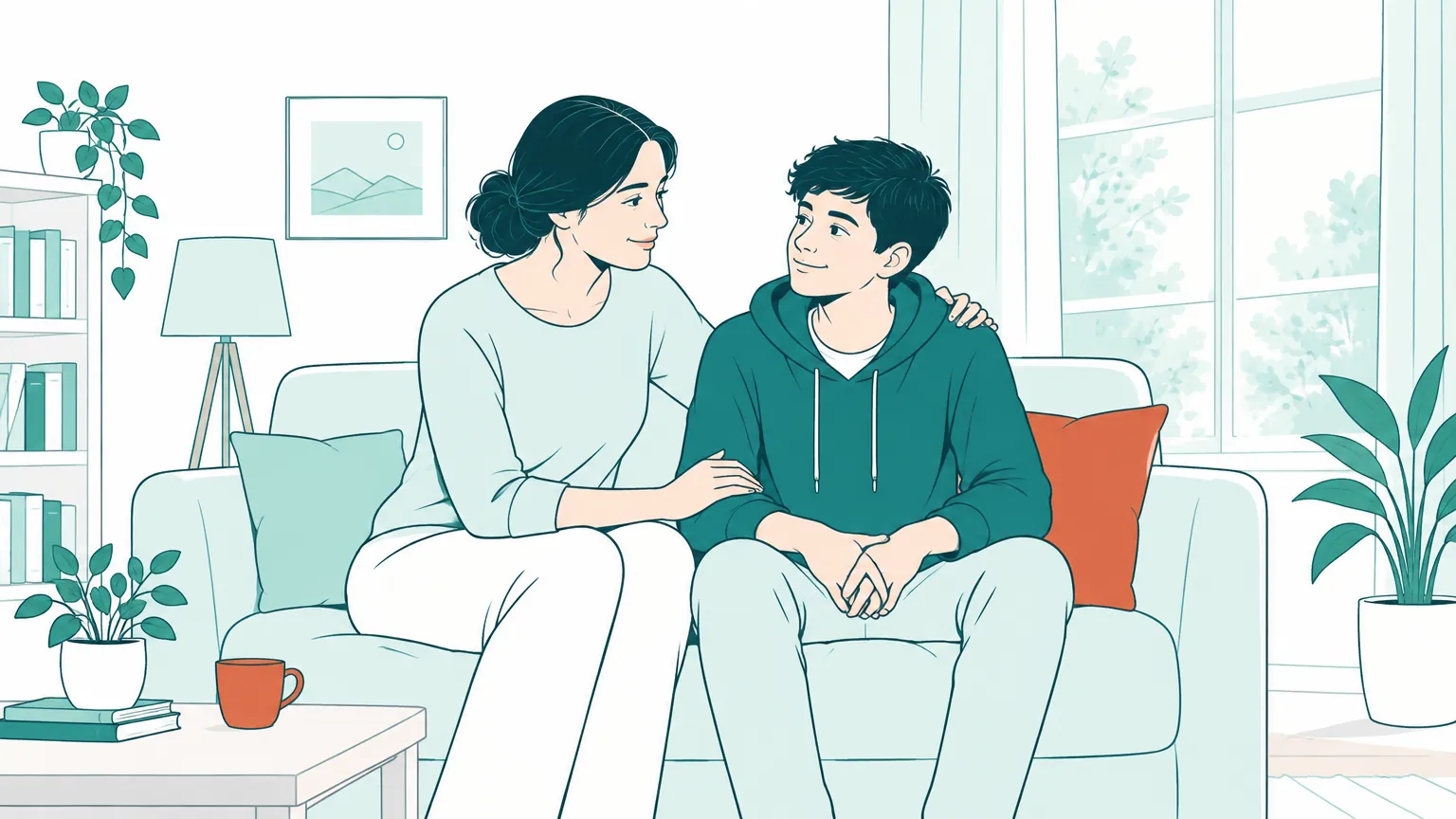 Ilustrație în tonuri calde reprezentând un adult și un adolescent discutând cu zâmbetul pe buze într-o cameră primitoare.