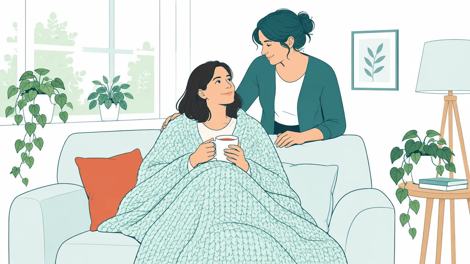 Ilustrație în tonuri calde cu o femeie care se odihnește pe o canapea, sprijinită și îngrijită cu blândețe de o persoană apropiată.