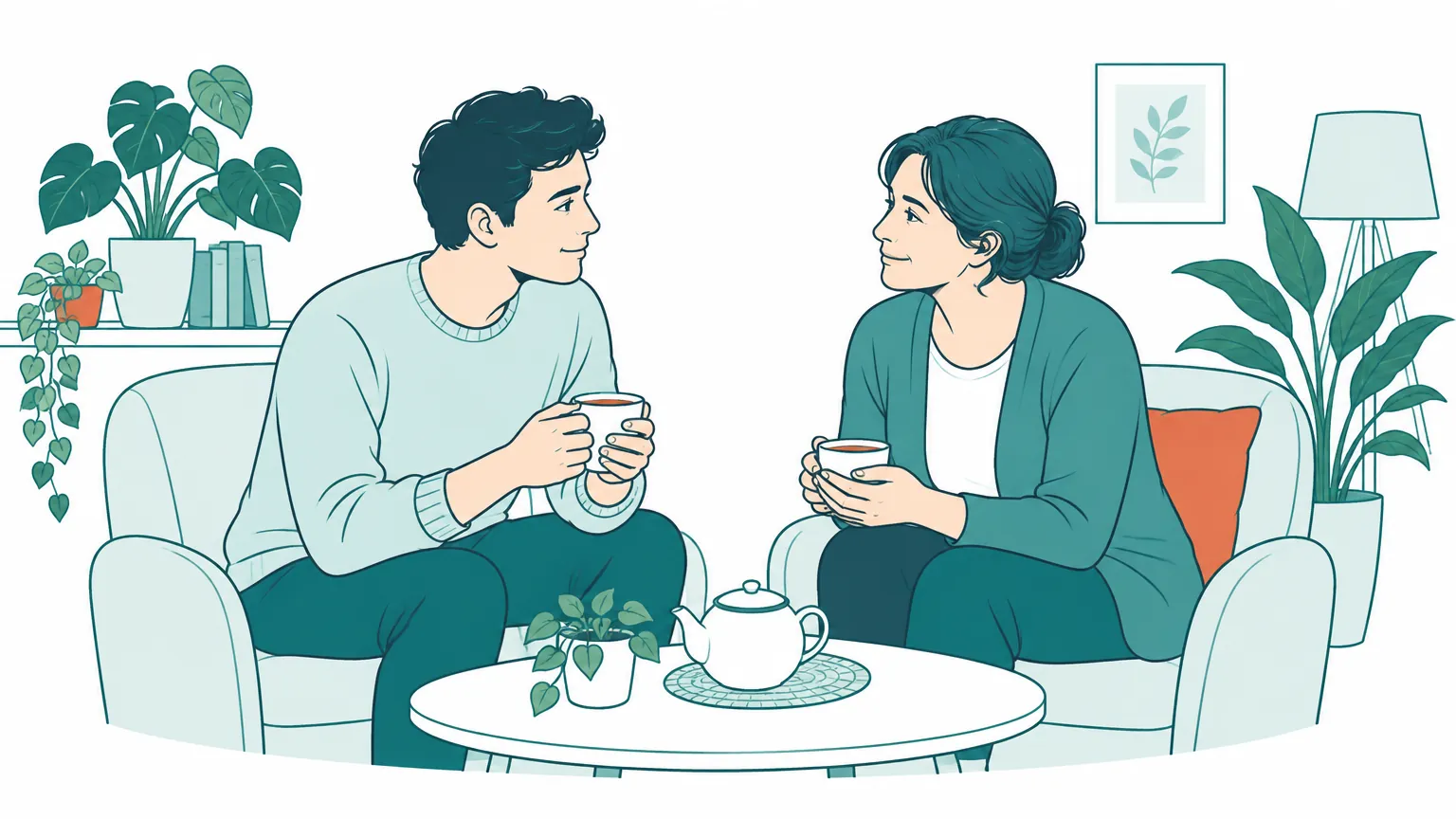 Ilustrație în tonuri calde cu două persoane care discută liniștite la o masă, ascultându-se cu atenție și compasiune.