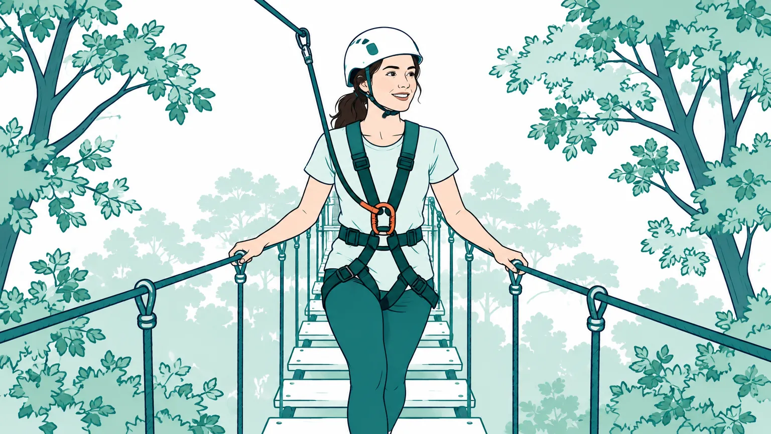 Ilustrație cu o femeie purtând cască de protecție care traversează în siguranță un pod suspendat într-un parc de aventură.